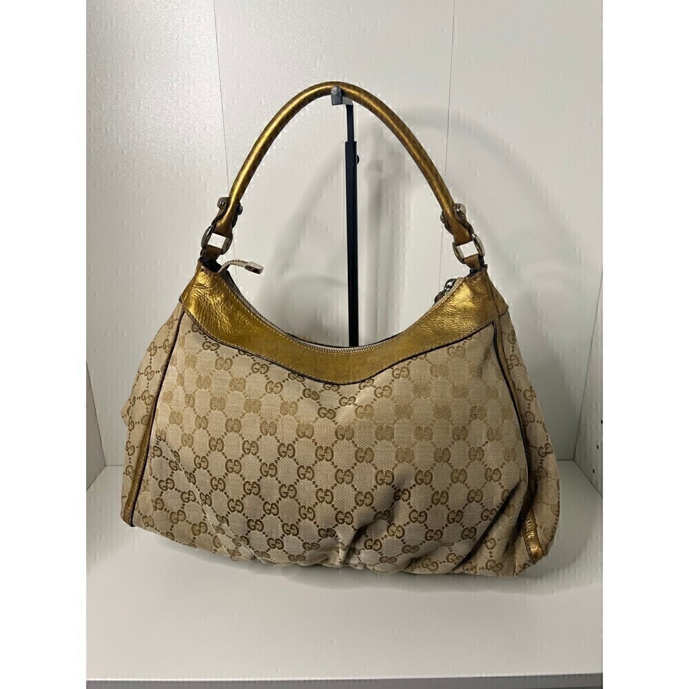GUCCI GG Canvas Gold Leather Hobo Shoulder Bag - Picture 4 of 14